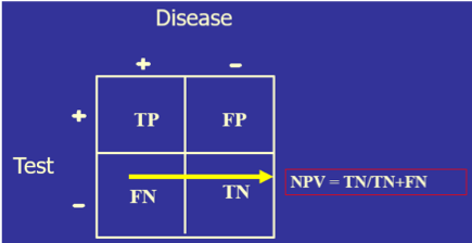 
							
								Negative predictive value involves only the bottom row of the table- those with a negative test whether or not they have the disease
							
							